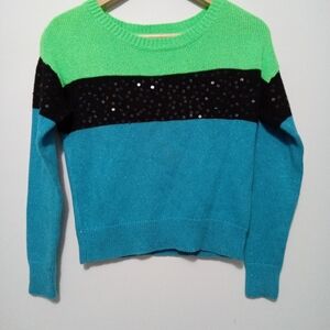 Justice Colorblock Sequin Knit Crewneck Sweater - Neon Green/Teal - Size 12